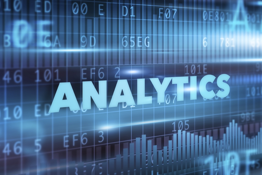 Analytics technology illustration concept with blue text
